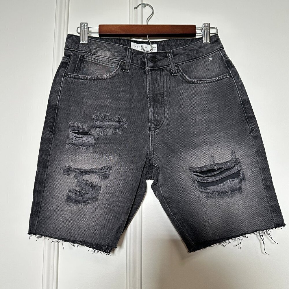 NEW Topman Slim Black Distressed Denim Shorts, Size W28